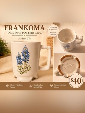 Frankoma White Mug with Blue and Green Texas Bluebonnet Design